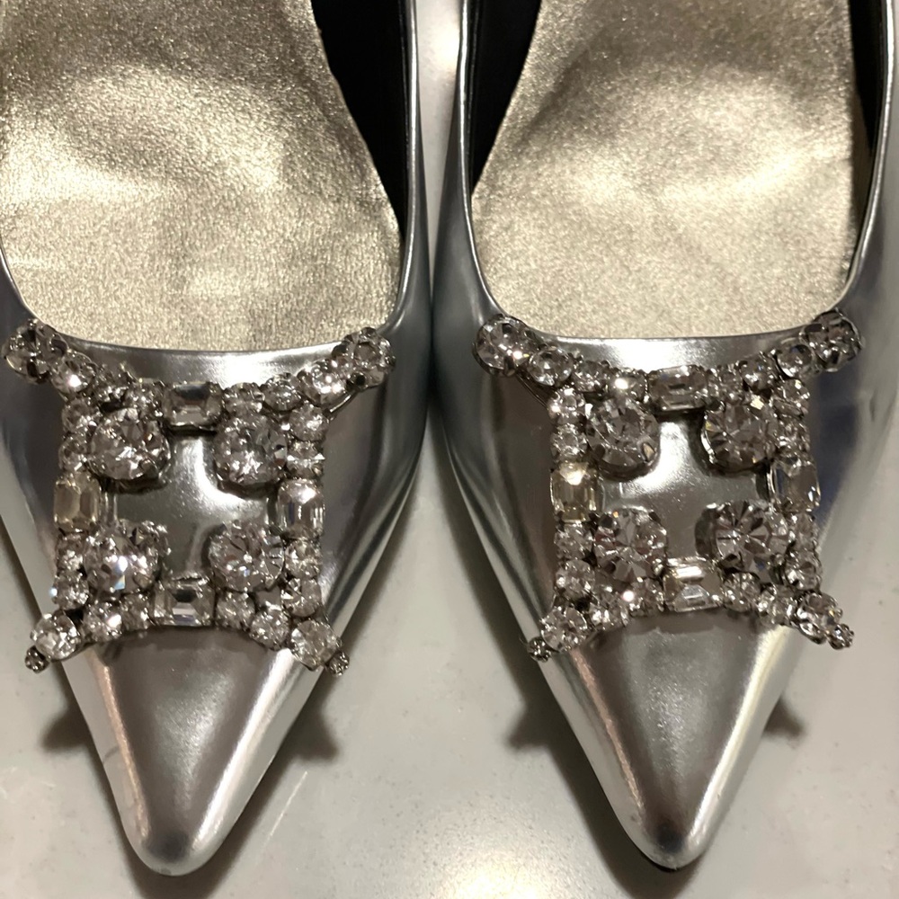 Roger Vivier Flower Strass Buckle Silver Embellished Kitten Heels - Picture 8 of 11